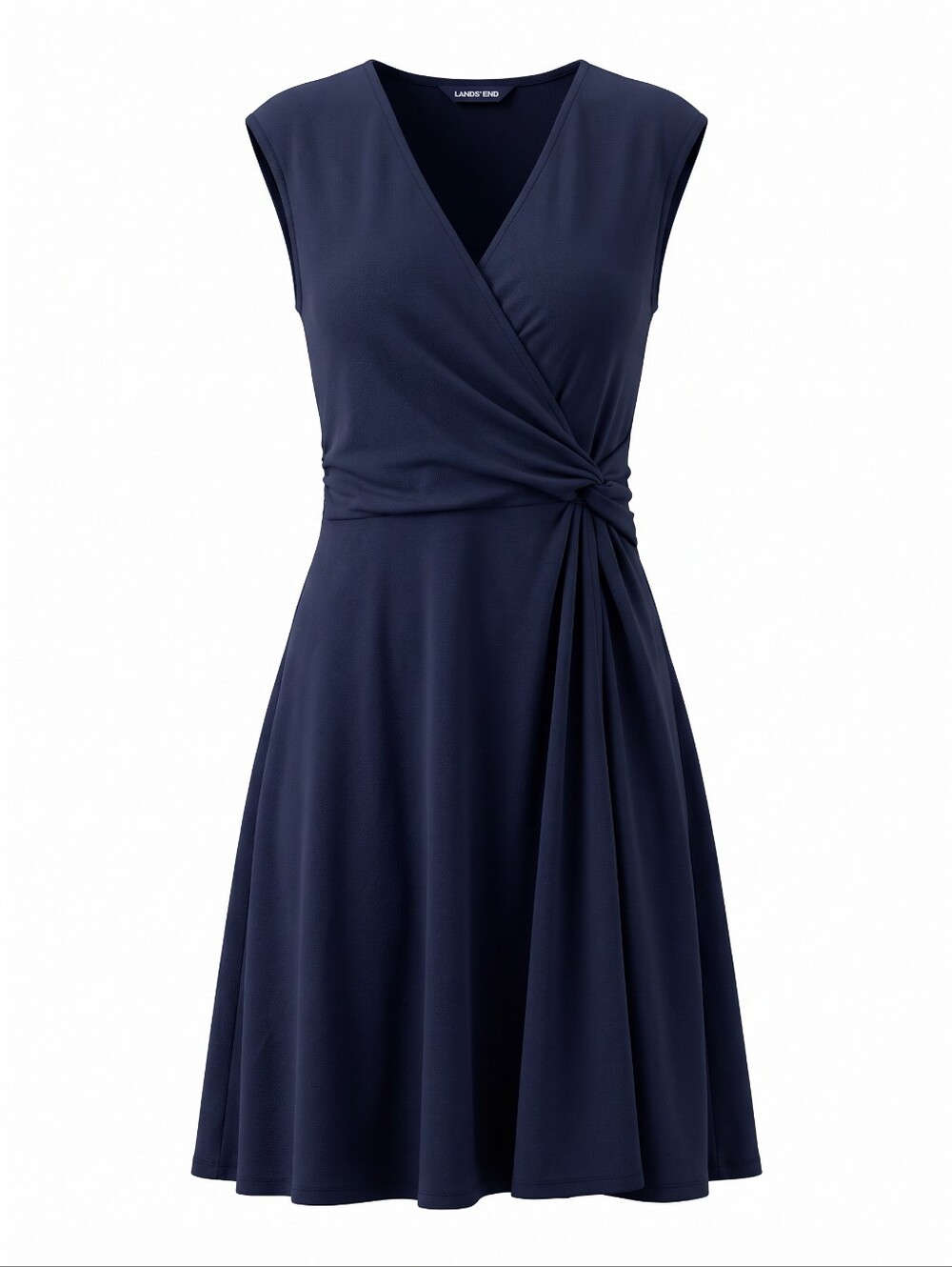 Lands' End Navy Faux-Wrap Sleeveless Soft Knit Fit And Flare Casual Easy Dress